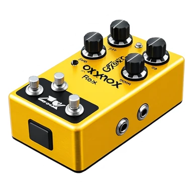 Yellow FOXROX “FR 100” guitar pedal with 4 black knobs and 2 silver switches sticker