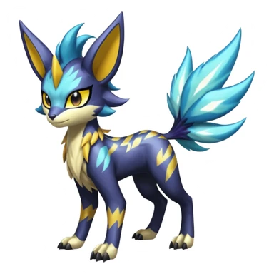 Shiny colorful exotic Feral Scaly Striking Slaying Badass Evil Handsome Lightning-patterned Zig-zagged buzzy fuzzy Meloetta-Renamon-Luxray-Cobalion-Suicune-Vernid-fusion-hybrid-creature, full body  sticker