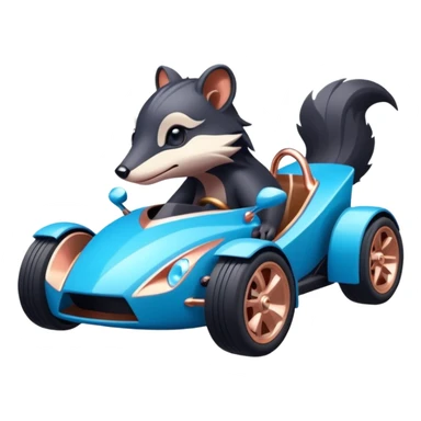 dark crystal blue and rosegold-accented faceted-body electric racing car driven by a small cute but fearless skunk with rear spoiler, roll bar, and wheely bar sticker