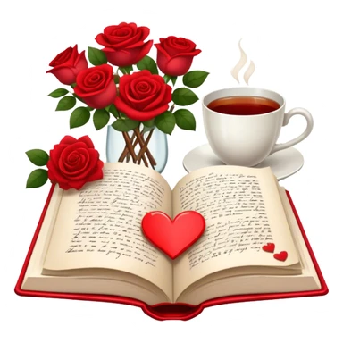 Icon for Romance Reading: an open book with a heart-shaped bookmark, surrounded by roses, a love letter, and a cup of tea. The icon should evoke the warmth, passion, and emotional depth of a love story. Transparent background sticker