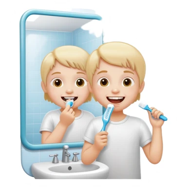 child brushing teeth in front of a bathroom mirror, cheerful expression sticker