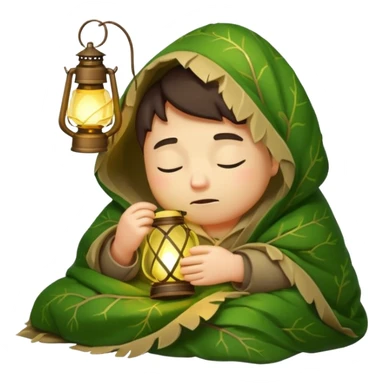 sleepy forest character wrapped in leaf blanket holding glowing lantern half asleep sticker