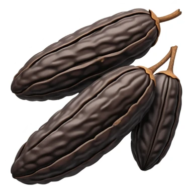 single or small cluster of Tonka beans with wrinkled, elongated almond-like shapes, deep brown to black color, textured slightly glossy surface with visible ridges and curved natural form, soft lighting, subtle shadows, emoji scale sticker