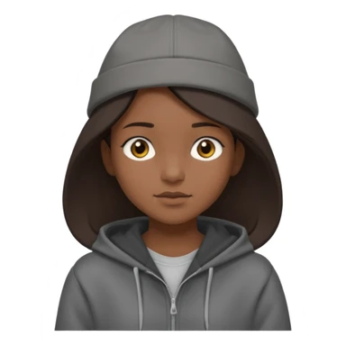 Hobo tomboy with shoulder-length center-parted dark brown hair. brown eyes, dark dull brown hoodie, grey shirt. Flat crown bolero hat sticker