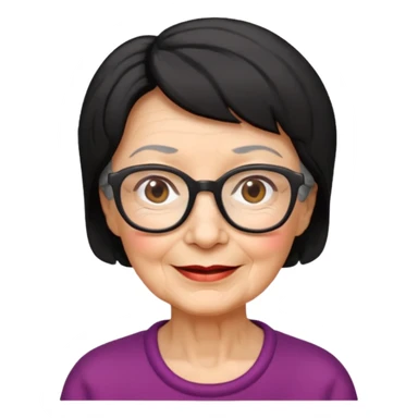 elderly woman with wrinkles, glasses, short black hair, friendly expression, Apple emoji style sticker