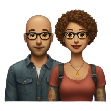Young Bald man with tattoos. And Young curly-haired lady wearing glasses sticker