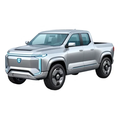 A futuristic electric pickup truck emoji, silver chrome body, angular cyber design, smooth metallic panels, subtle reflections, minimalistic proportions, iOS emoji style, centered composition, clean white background, soft lighting sticker
