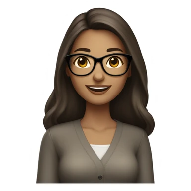 Light brunette woman, long dark hair, light brown eyes, smiling, big eyelashes, white glasses, with iPad in hand sticker