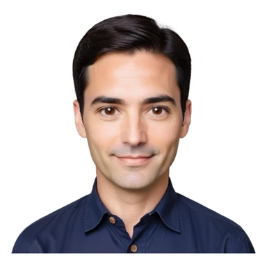 Man in his 40s with wide square face, marked jawline, full cheeks, friendly expression, medium dark brown eyes, thick natural eyebrows, straight wide nose, medium lips curved slightly upward in a relaxed smile, short neat dark brown almost black hair, wearing a navy blue button-up shirt sticker