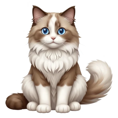cinematic-[brown and white ragdoll cat]-realistic-full-body-sitting-emoji,-tail-curled-playfully-around-its-paws,-head-tilted-dramatically,-fluffy-[brown and white]-fur,-simplified-yet-realistic-focused-features,-highly-detailed,-glowing-with-an-almost-sarcastic-glow, with blue eyes sticker