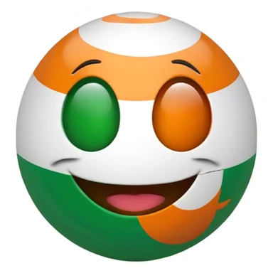 "A 2D-rendered, glossy, spherical emoji with a cheerful smiling face. The sphere is painted with the colors of the Indian flag—saffron on top, white in the middle, and green at the bottom. The emoji has large, shiny green eyes with black pupils, reflecting light for a cute and friendly expression. The background is plain white, making the vibrant colors and glossy texture of the sphere stand out. The overall style is smooth and cartoon-like, with a polished and modern look." sticker