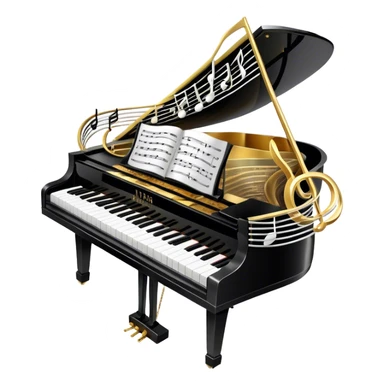 Create an elegant and festive emoji collage representing keyboard instruments, styled like a heraldic emblem. The design should feature a central focal point of black and white piano keys, arranged in a semi-circular or shield-like shape. Around the piano keys, add intertwining musical notes that form flowing ribbons, creating a dynamic and celebratory atmosphere. The design should be professional, with polished silver and gold accents on the keys and notes, highlighting the luxury and sophistication of the instruments. Add subtle shading and lighting effects to give the design a refined, 3D appearance. The background should remain transparent, and the overall feel should evoke grandeur, artistry, and a sense of celebration. sticker