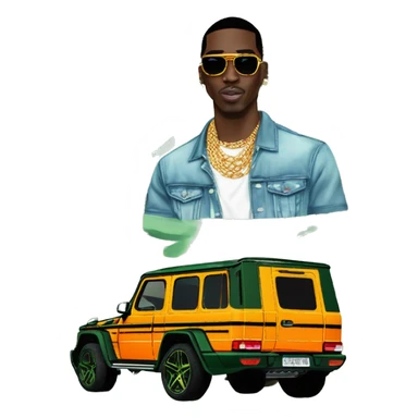 rapper,Young Dolph luxury clothes,blue diamond chain on,near his car, just opened drivers side car door to his all orange and green colored,whole car painted army camouflage, Mercedes G Wagon sticker