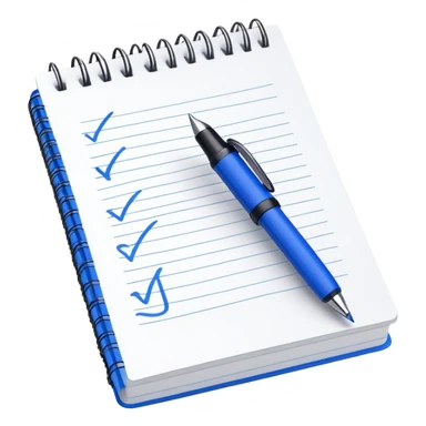 Close-up of a blue pen or pencil writing a bold checkmark on a notebook. Minimalist, modern style, with clean lines and emphasis on the checkmark sticker