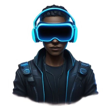 cyberpunk hacker wearing black vr headset, with blue neon lights sticker