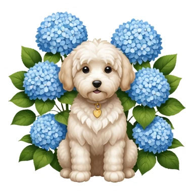 A goldendoodle and a white Maltese sitting in front of a hydrangea bush sticker