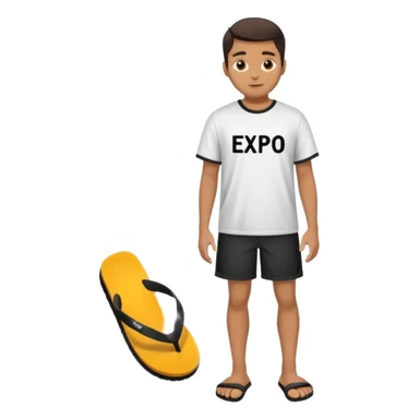 Dancing in black oversized flip flops with BANDO written on his shirt sticker