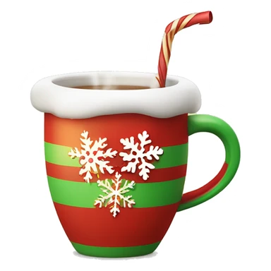 mugs with a hot drink decorated with snowflakes or a striped caramel stick. Steam rises from the mug in the shape of hearts. The color of the mug is warm red or green to convey the New Year mood sticker