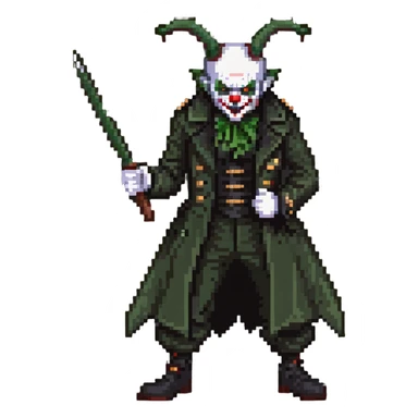 evil clown soldier, bald, black horns on forehead, angry expression, showing fangs, pointed ears, eye patch over one eye, long coat over black and military green clothes with bellbottom pants, tail, holding a different style of whip, realistically proportioned, less bulky, full body, fighting stance sticker