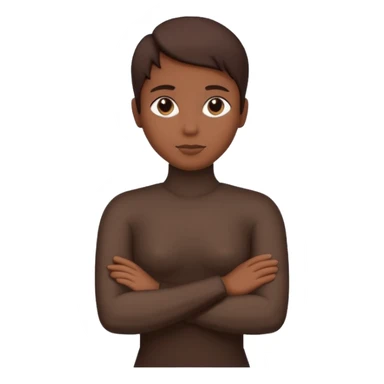 Minimalist human silhouette, upper body only, arms crossed, no facial features, solid dark shape, flat icon style, centered, transparent background sticker