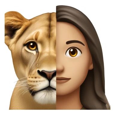 Half of the brunette girl's face together with half of the lioness's face in one sticker