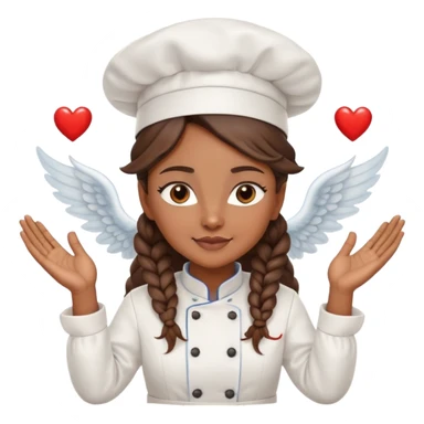 Brown-skinned female chef with long braided brown hair, wearing a chef's hat, with both an angel halo and devil horns, making a heart shape with her hands sticker