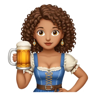A woman with brown, shoulder-length curly hair and brown eyes she is wearing a dirndl and holding a beer stein sticker