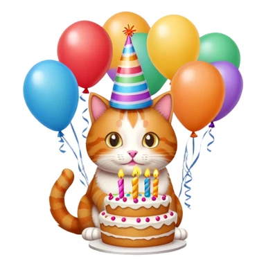 Ginger cat celebrates birthday, birthday hat, birthday cake, balloons, happy, gifts sticker