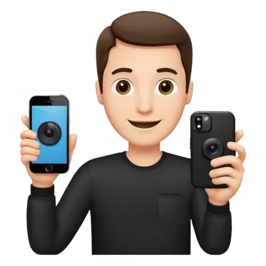 happy man hold a phone with your hand, showing a camera app open and another hand hold a phone without camera app open sticker