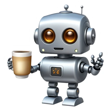 A cute robot holding a steaming coffee mug sticker