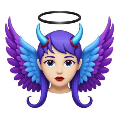 The letter o in black, purple Angel wings, red devil horns, and blue halo on top sticker
