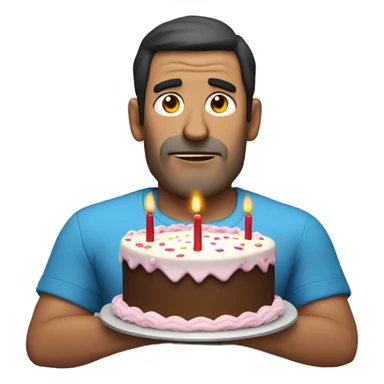 Middle aged dark haired man no moustache wearing inflatable armbands, holding a big birthday cake with a very sad face sticker