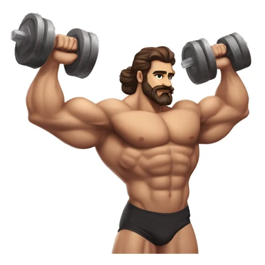 muscled hairy bodybuilder brown hair beard,enormous pecs and enormous biceps, long wavy hair in a man bun, with dark brown eyes, and tanned skin, full body from head to toes picture, flexin both biceps, with hairy body sticker