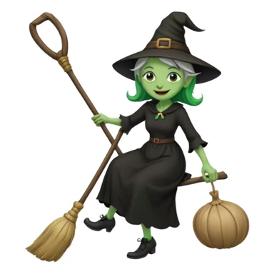 Old witch with green skin and a big nose waering a black dress and riding a broom sticker