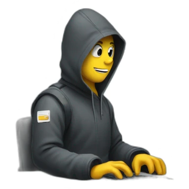An emoji featuring a hacker typing on an Apple computer with stickers sticker