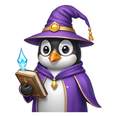 penguin wizard, holding a book, mystical aura sticker