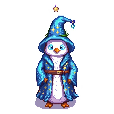 penguin wizard wearing a starry robe, pixel art style sticker