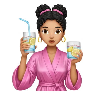 Mixed-race woman with caramel skin, long jet black curly hair tied in a bun, wearing a pastel pink silk robe, holding a glass of infused water with lemon in her right hand  sticker