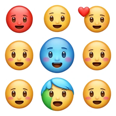 Generate a set of colorful, high-resolution emojis representing emotions like happiness, sadness, anger, love, surprise, and excitement. The emojis should have a glossy 3D style with smooth gradients, cute expressions, and clear facial features. Transparent background."
 sticker