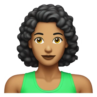 Tanned woman with black hair wearing 1980s style neon fitness outfit and hair sticker