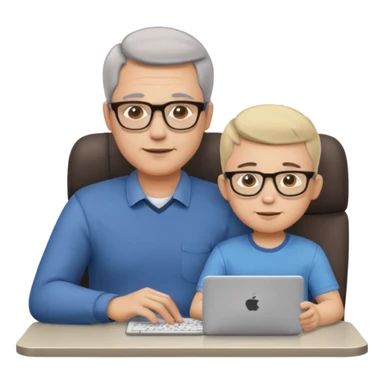 Middle aged man with glasses working at his desk, with his child sitting behind him on the headrest of his chair looking at his computer sticker
