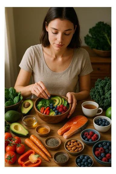 A realistic, cinematic flat-lay image of a clean wooden kitchen table filled with fresh, colorful whole foods known to help reduce androgen excess naturally. The table includes leafy greens like spinach and kale, avocados, berries, colorful vegetables, nuts, seeds (chia and flaxseeds), wild-caught salmon, and herbal teas, carefully arranged in an aesthetically pleasing, organized manner. A small glass bowl with olive oil and another with turmeric powder are included, emphasizing anti-inflammatory properties. In the scene, a young woman with clear, healthy skin and a calm expression is preparing a bowl with these ingredients, symbolizing a hormone-balancing diet. Warm, natural daylight streams in, creating a cozy and inviting atmosphere. The style is hyper-realistic 35mm photography, with vibrant yet soft colors, showcasing textures of the fresh produce and the peaceful vibe of using nutrition to support hormonal balance sticker