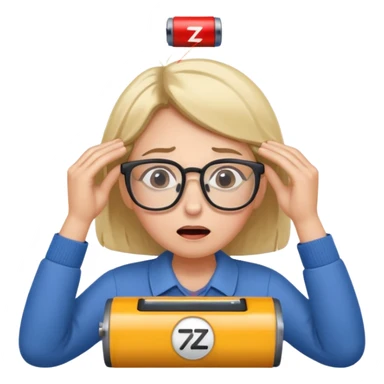 A kindergardenteacher with an empty battery icon above their head an exhausted and stressed face sticker