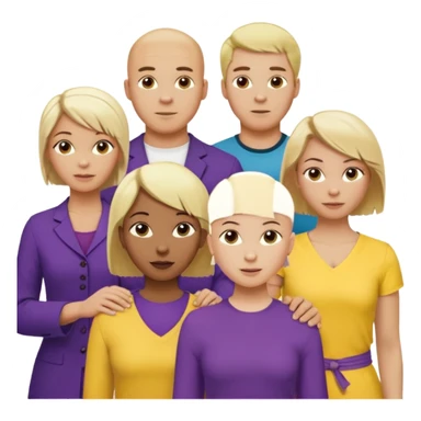 5 person team; 2 men and 3 women.  All dressed in yellow or purple.  1 caucasian woman with blonde mid length hair. 1 caucasian woman with blonde short length hair. 1 caucasian woman has ash blonde hair tied up. 1 man is African-american and bald, 1 man is caucasian and very little hair left.  
 sticker