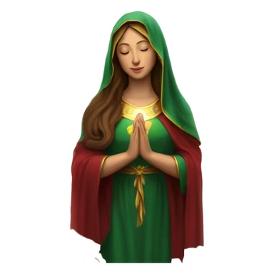 Virgin Mary: kind face looking down at the left, long brown hair, Wearing an emerald green  robe with gold stars and a burgundy red dress,  Hands in prayer or blessing. Halo around her head. standing in front of a big sun. colorful roses on the sides  sticker