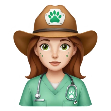 Pale Woman with brown hair and green eyes and freckles on her cheek bones wearing scrubs that have a paw print logo on the scrubs  and a cow girl hat sticker