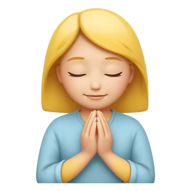 A 3D Apple-style yellow round emoji, calm and patient expression, closed eyes with a gentle smile, hands together in front as if waiting or praying, soft relaxed eyebrows, subtle glow around the head to symbolize patience, clean minimal background sticker