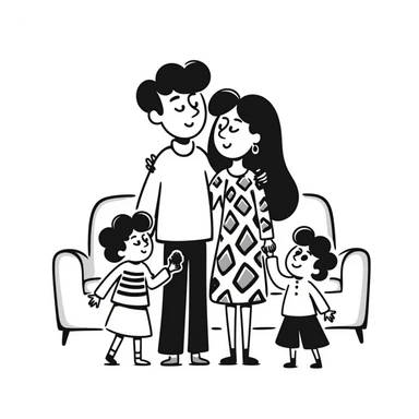 a family in a hand-drawn doodle style, simple lines, playful sticker
