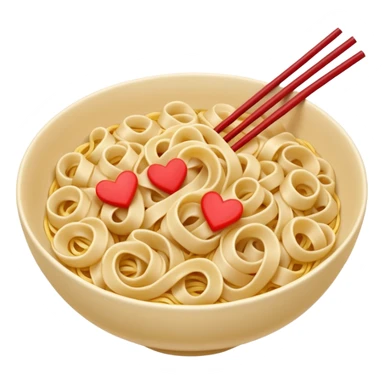 loose tangle of pale yellow cooked noodles with soft glossy texture and natural curves, strands slightly twisted and overlapping, freshly prepared dish, no bowl chopsticks or sauce, soft lighting, subtle shadows, emoji scale, make the noodles heartshaped and add tiny red hearts on the noodles sticker