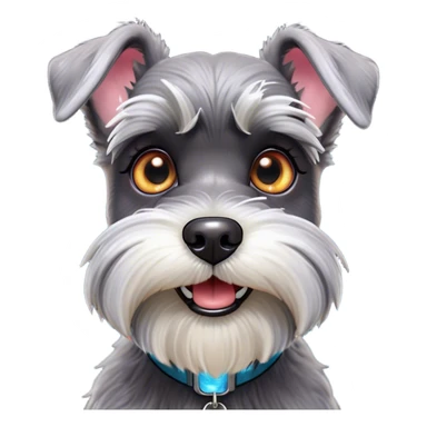Cinematic Comical Miniature Schnauzer Portrait Emoji, Head tilted dramatically with a comically shocked expression and large, animated eyes, featuring a sharply defined salt-and-pepper fur with exaggerated, humorous eyebrows, simplified yet hilariously detailed, glowing with a bold, playful radiance, high shine, exuding a spirited and cheeky charm, styled with a soft glowing outline, capturing the essence of a Miniature Schnauzer that appears ready to dash into a burst of comic energy! sticker